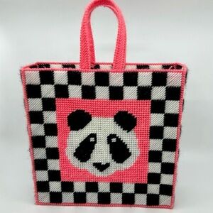 Y2K Checkered Crochet Panda Bear Tote Bag - One Of A Kind!